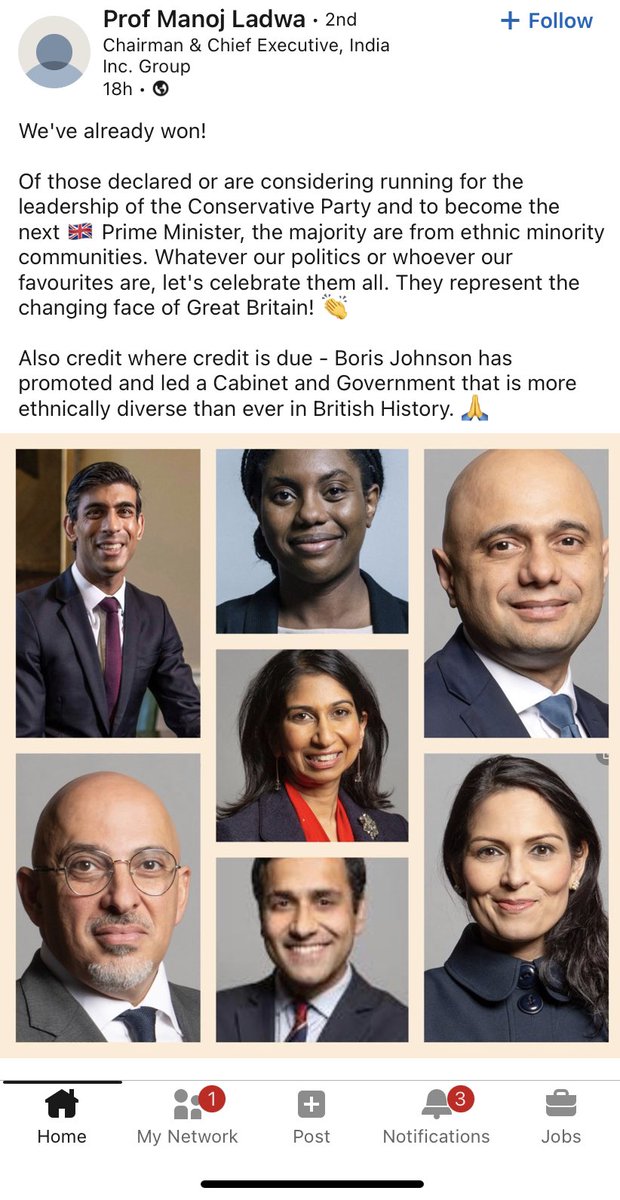 ProfessorTanvir's tweet photo. There isn’t a debate about the character of the PM, but their party over 12y+ created a platform which means now most of the leadership contestants are from  2nd gen immigrants. Compare that to Blair’s 97 cabinets which had 0%! 25 y apart. Changing the face of Britain. Collected. https://t.co/ImoViBA3Rb