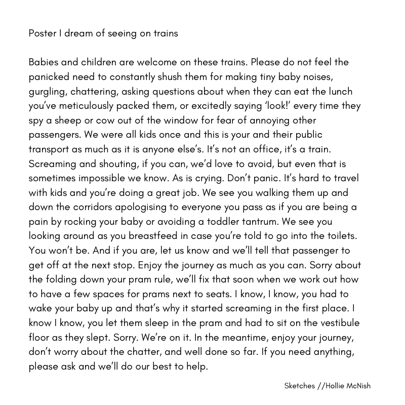 Hollie McNish (@holliepoetry) on Twitter photo Dear <a href="/LNER/">London North Eastern Railway</a>. I love train journeys with you but I often see really panicked parents and carers like I was when my child was little. I have designed you a poster or pamphlet to put on the walls or hand out to families. Hope it helps. It would have helped me a lot. You’re welcome. X Dear <a href="/LNER/">London North Eastern Railway</a>. I love train journeys with you but I often see really panicked parents and carers like I was when my child was little. I have designed you a poster or pamphlet to put on the walls or hand out to families. Hope it helps. It would have helped me a lot. You’re welcome. X