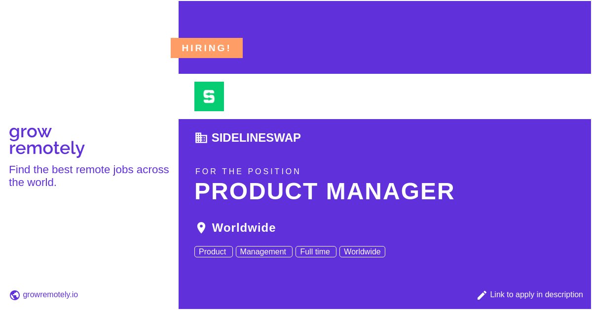 growremotelyio's tweet image. Check out this job at SidelineSwap for the position Product Manager.

 Apply link: growremotely.io/?id=62ca18fd5b…

#hiring #remotejobs #SidelineSwap #ProductManagement