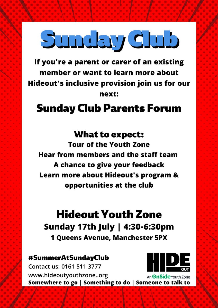 HideOut_YZ's tweet photo. ❓ There’s still time to book your place and come along to our Sunday Club Tour and Q&A session with #HideOutYZ members and #Inclusion Team 🐝
⬇️Don't miss out! #SummerAtSundayClub
https://t.co/HX7XnSoC33
#GreaterManchester #Disability #YoungPeople #AdditonalNeeds #Support https://t.co/biknF4Boat