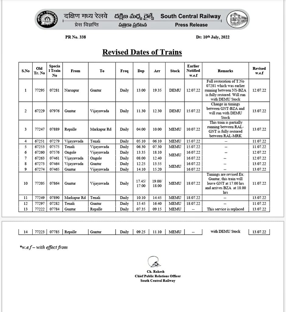 SCRailwayIndia's tweet photo. Revised Dates of Trains @VijayawadaSCR @drmgnt @drmgtl https://t.co/gvc23oLkPP