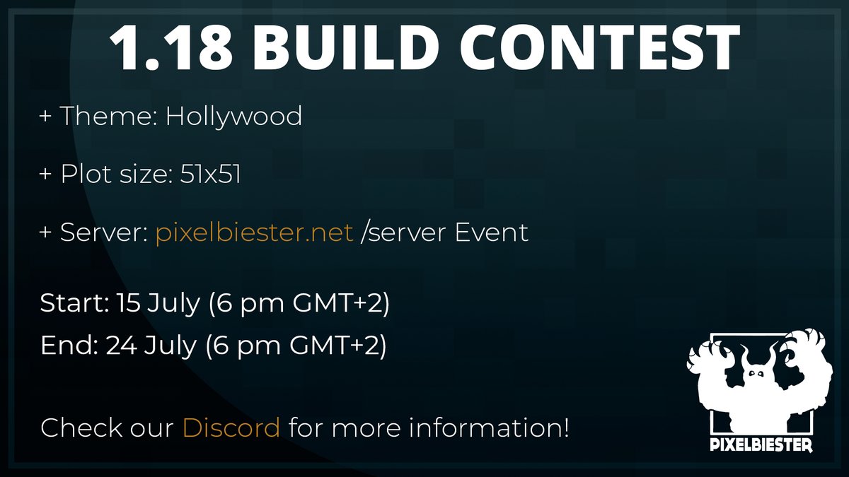 ❗️1.18 Build Contest on pixelbiester.net❗️

Theme: Hollywood 
Plot size: 51x51
Prizes: Prize money (Join our Discord for more information)

More information on our Discord: discord.gg/NNAbDdc