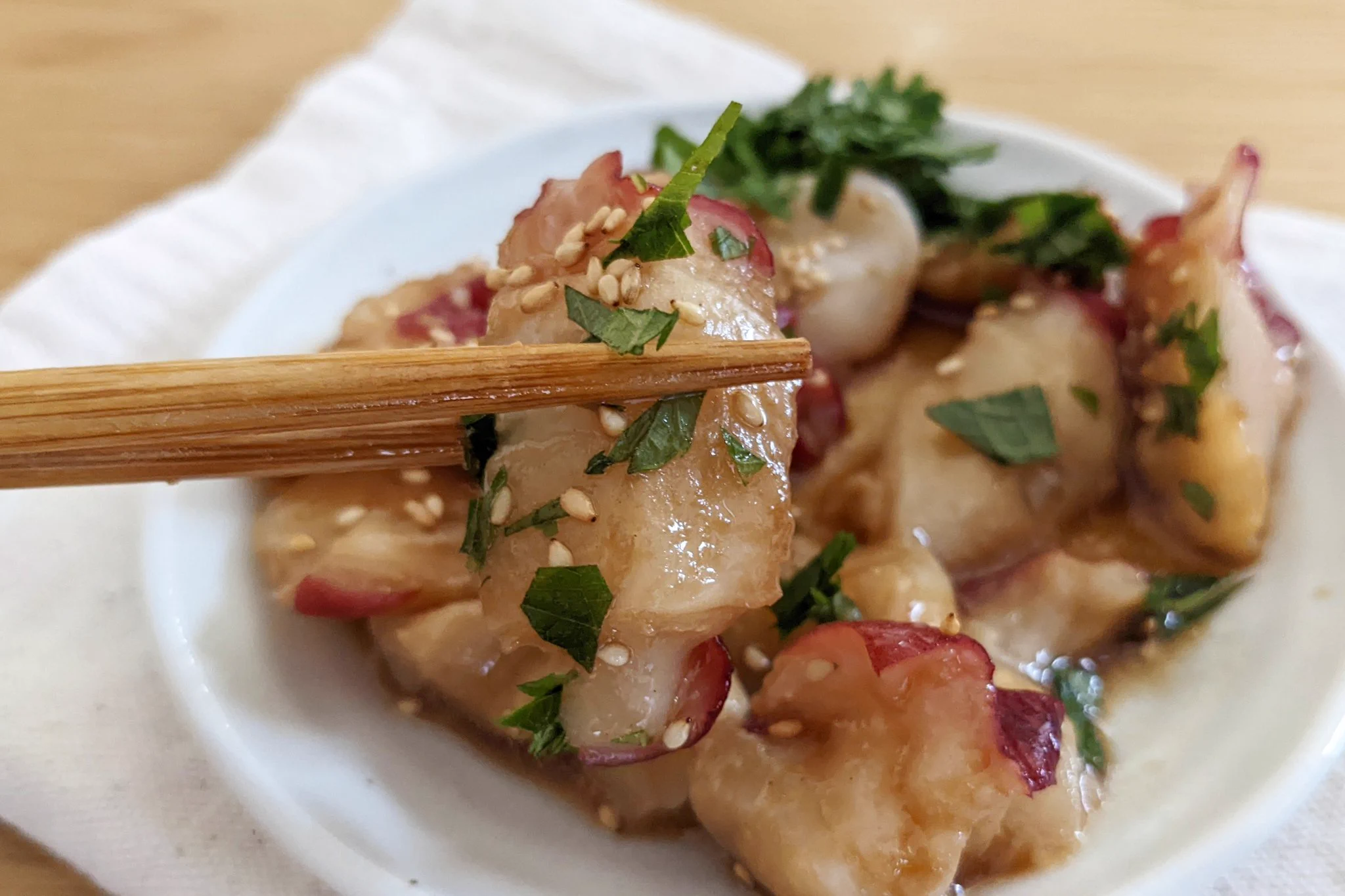 程よい酸味でとっても爽やか。タコのポン酢和風マリネ。