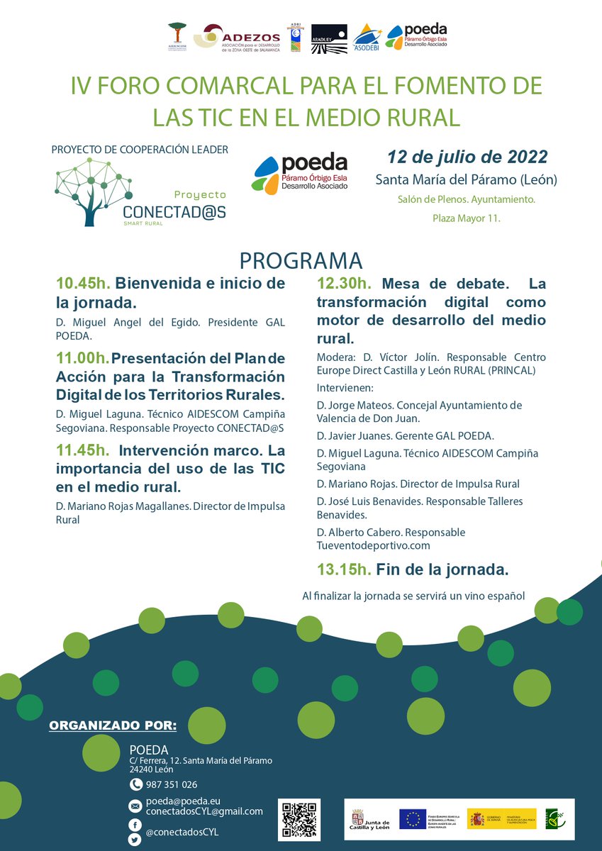 conectadosCYL's tweet photo. ⚙️💻 #TransformaciónDigital | IV FORO COMARCAL PARA EL FOMENTO DE LAS TIC EN EL MEDIO RURAL

📅 12 de julio de 10:45 a 13:15 horas
📌 Ayto. Santa María del Páramo (León)

Organizado por @GALpoeda con la colaboración de 
@aidescom 

¡Te esperamos! https://t.co/atPY6skxGd