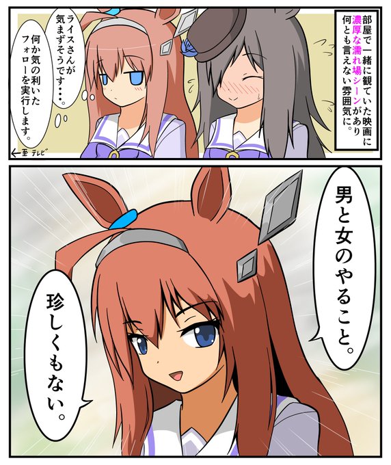 幼少期に富野作品ばっかり見ていたブルボンと、それに巻き込まれるライスの漫画シリーズ。#ウマ娘#ミホノブルボン#ライスシャワー#フォロワー一万人以下の絵師が力作を投稿してたくさんのフォローを貰うタグ 