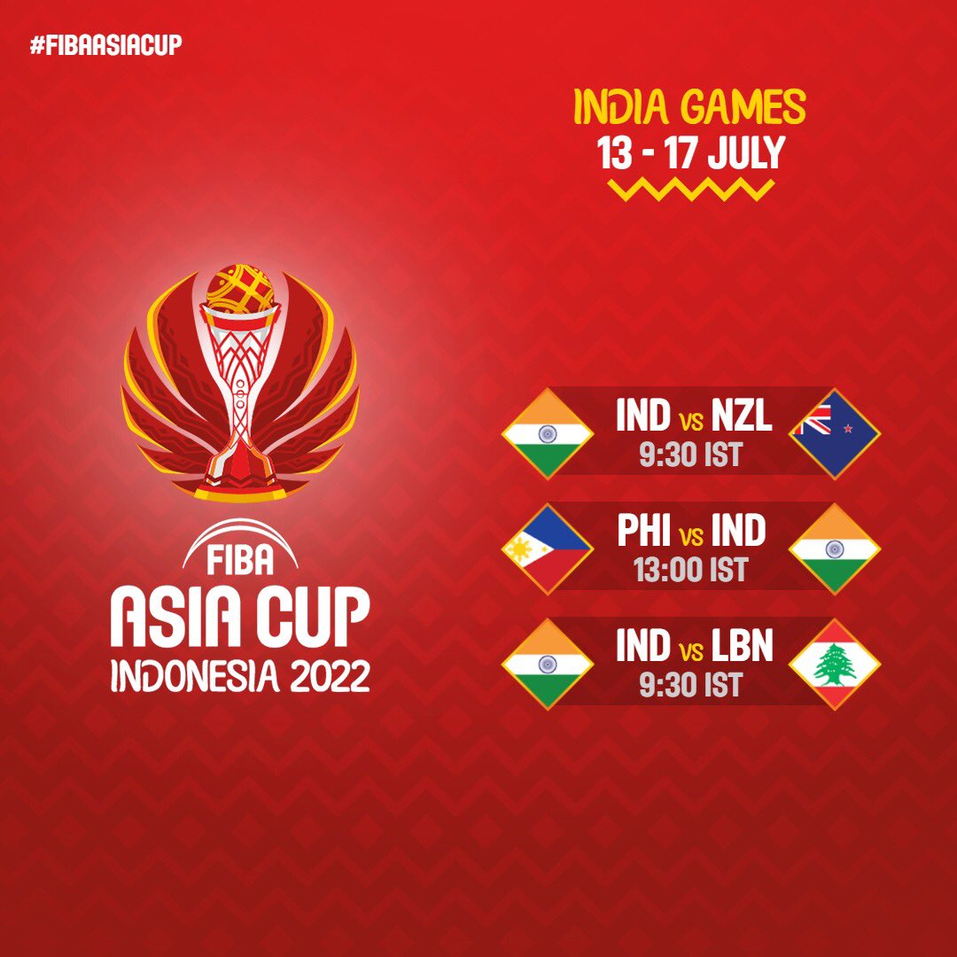 Indian🇮🇳 Cagers Games in Round-1

FIBA Asia Cup 2022 at Jakarta, Indonesia 🇮🇩 

13th July 2022- India 🇮🇳 Vs New Zealand 🇳🇿 

15th July 2022-Philippines 🇸🇽Vs 🇮🇳 

17th July 2022- India 🇮🇳 Vs Lebanon 🇱🇧 

Catch the live action of Courtside 1891 application.