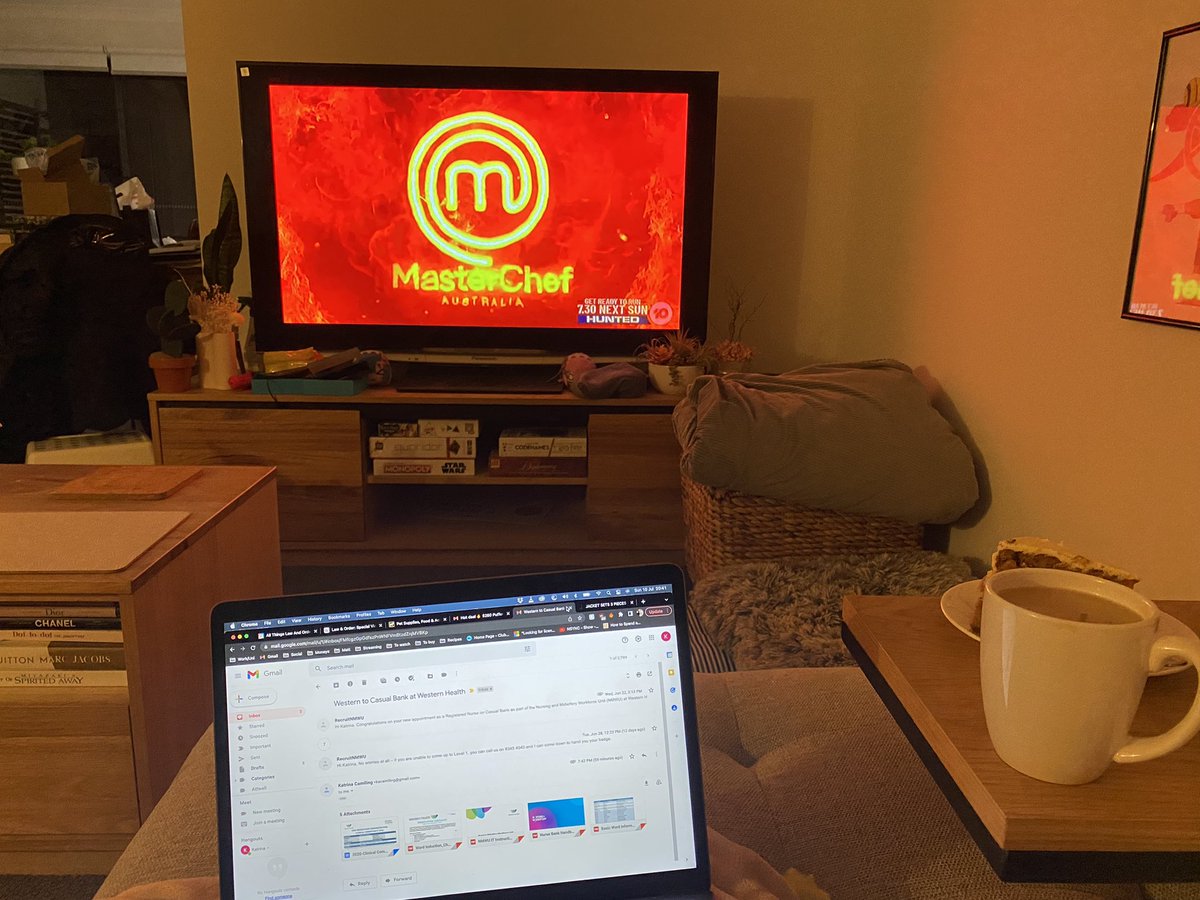 k__trina's tweet photo. Tea, cake, Masterchef, emails and a sleepy puppy with me on the couch. Haven’t had a chill Sunday night like this in ages. https://t.co/WAJ6lAdjry