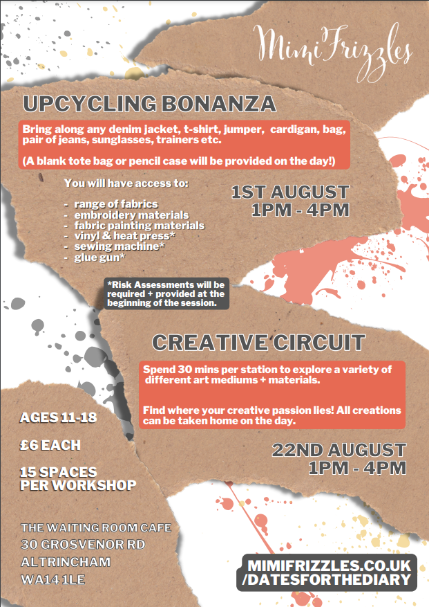 An upcycling bonanza event for teens on the 1st August with MimiFrizzles!

Bring clothing or accessories and customise them in any way you like! 

Tools and materials will be provided on the day.

#crafts #design #creative #altrincham #clothing #workshop #summer #thingsforteens
