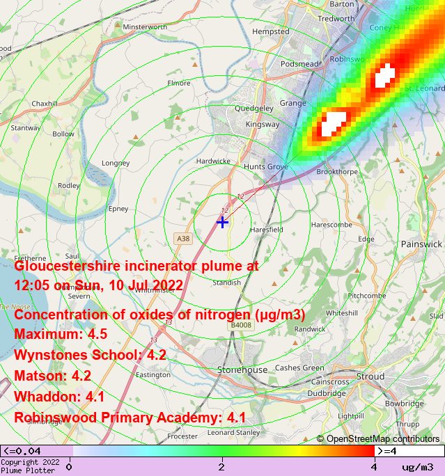 plumeplotter's tweet photo. Latest Gloucestershire incinerator plume plot, 12:05 10/07/22 #Matson #Whaddon #Abbeydale https://t.co/mtbEc3uClI https://t.co/nzCSQWAVr9