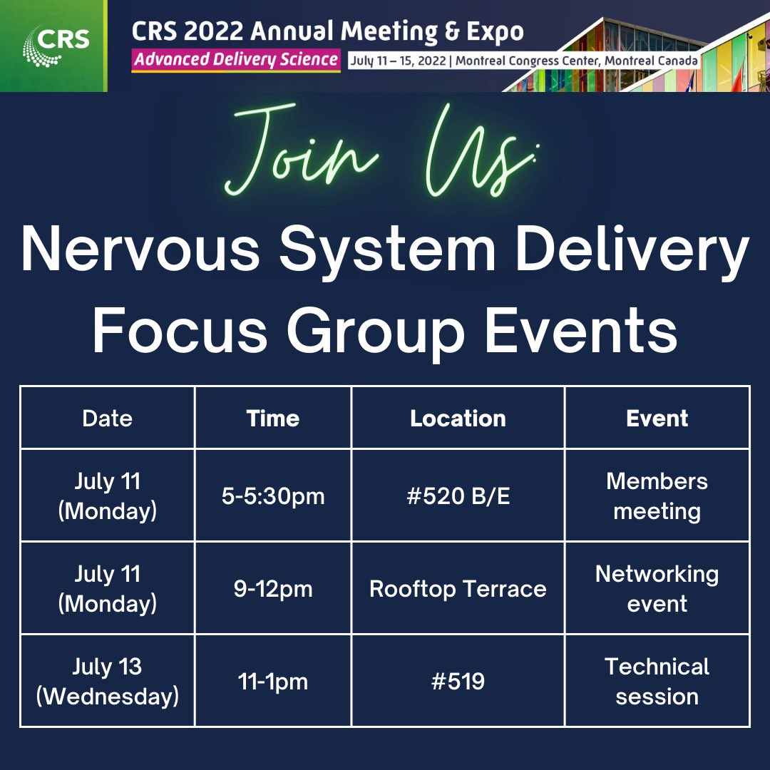 CRS Nervous System Delivery (@crs_fg_nervous) on Twitter photo We’re excited too👋 Join us for our members meeting, networking event (members get 1 drink ticket at the door🍸), and technical session featuring talks from <a href="/PriceLabUVaBME/">Price Lab @ University of Virginia</a> <a href="/profnance/">Elizabeth Nance</a> and 4 selected abstract speakers. See you at #CRS2022 tomorrow! We’re excited too👋 Join us for our members meeting, networking event (members get 1 drink ticket at the door🍸), and technical session featuring talks from <a href="/PriceLabUVaBME/">Price Lab @ University of Virginia</a> <a href="/profnance/">Elizabeth Nance</a> and 4 selected abstract speakers. See you at #CRS2022 tomorrow!