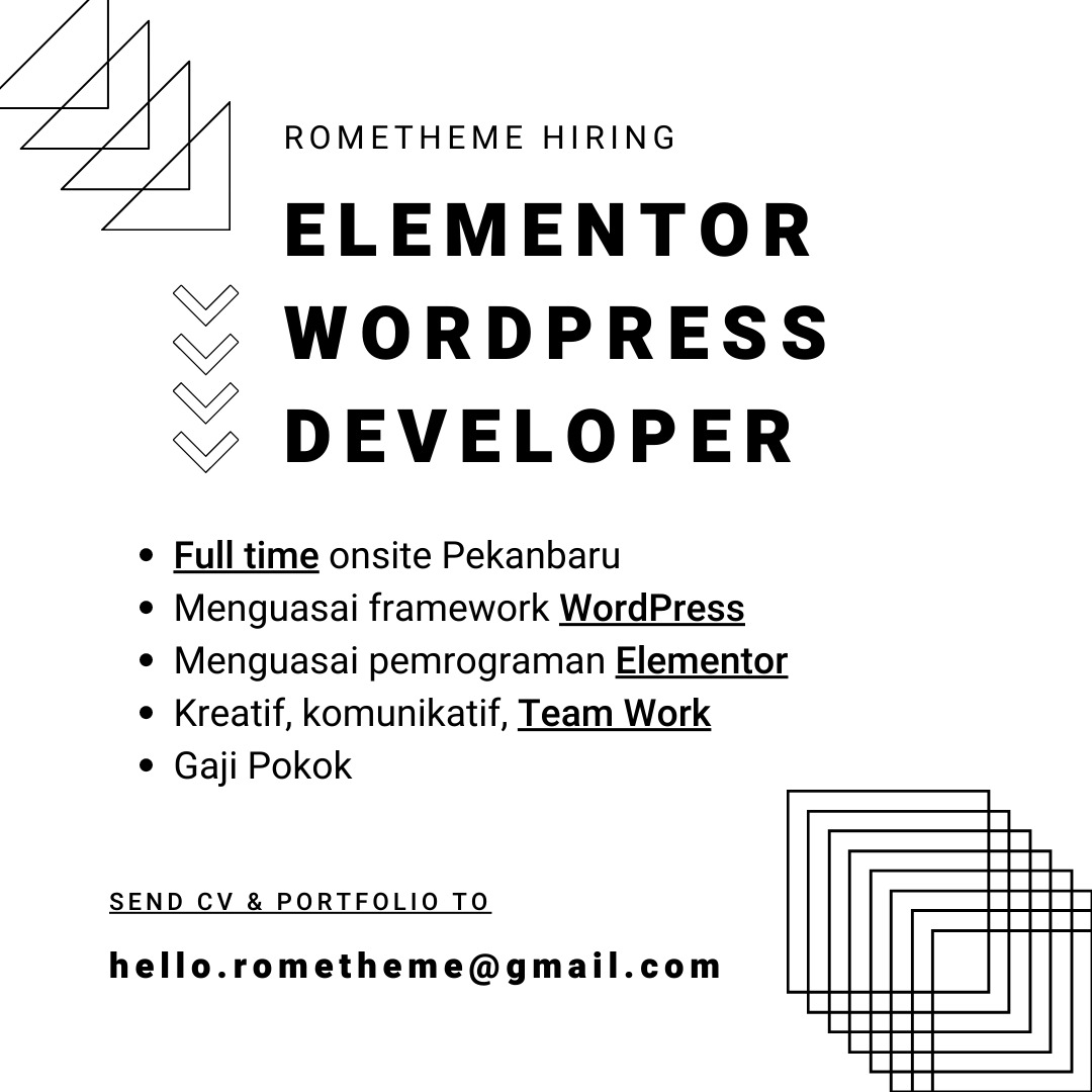 rometheme's tweet photo. Rometheme  Hiring.
Elementor WordPress Developer :
- Menguasai bahasa pemrograman WordPress.
- Membuat Plugin Wordpress untuk Elementor.
- Mau belajar Elementor, Jamstack. https://t.co/2oR1ncQHD0