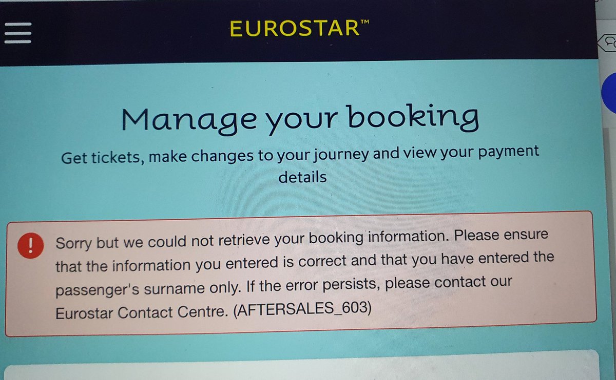 ruthadlington's tweet photo. @Eurostar is your website down? I keep getting this error message when trying to manage my booking. And I am definitely entering the correct details! https://t.co/WpUq4Hwqpc