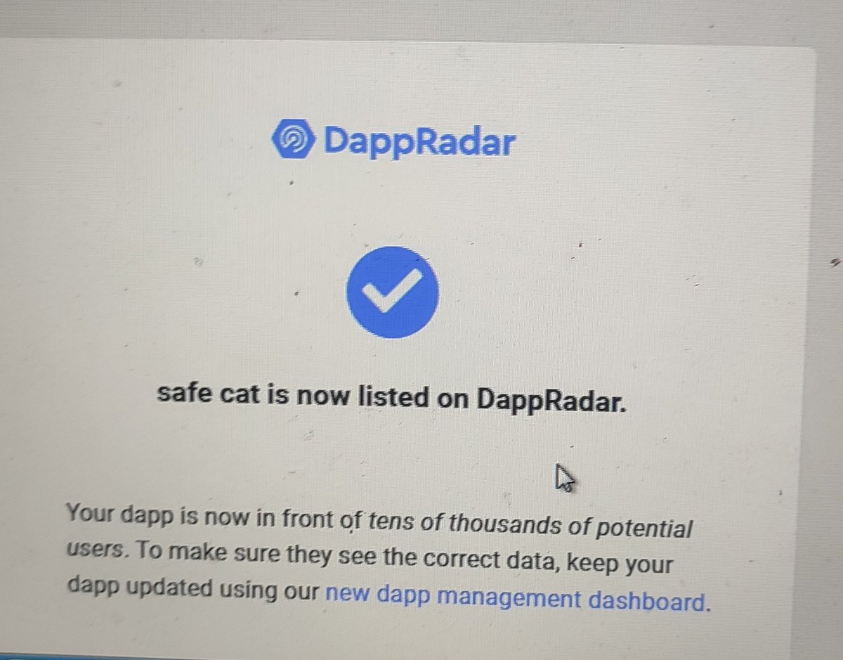 safe cat is now listed on DappRadar.

Thanks for listing DappRadar

dappradar.com/binance-smart-…