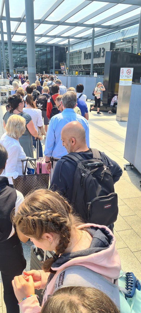 This is how <a href="/VirginAtlantic/">virginatlantic</a> is processing luggage atm at <a href="/HeathrowAirport/">Heathrow Airport</a> T3 because the conveyor belts aren't working. Literally no signs, no organisation. Let's just hope everyone's case gets to the right destination. Meanwhile, the security queue is OUTSIDE in 28 degree heat.