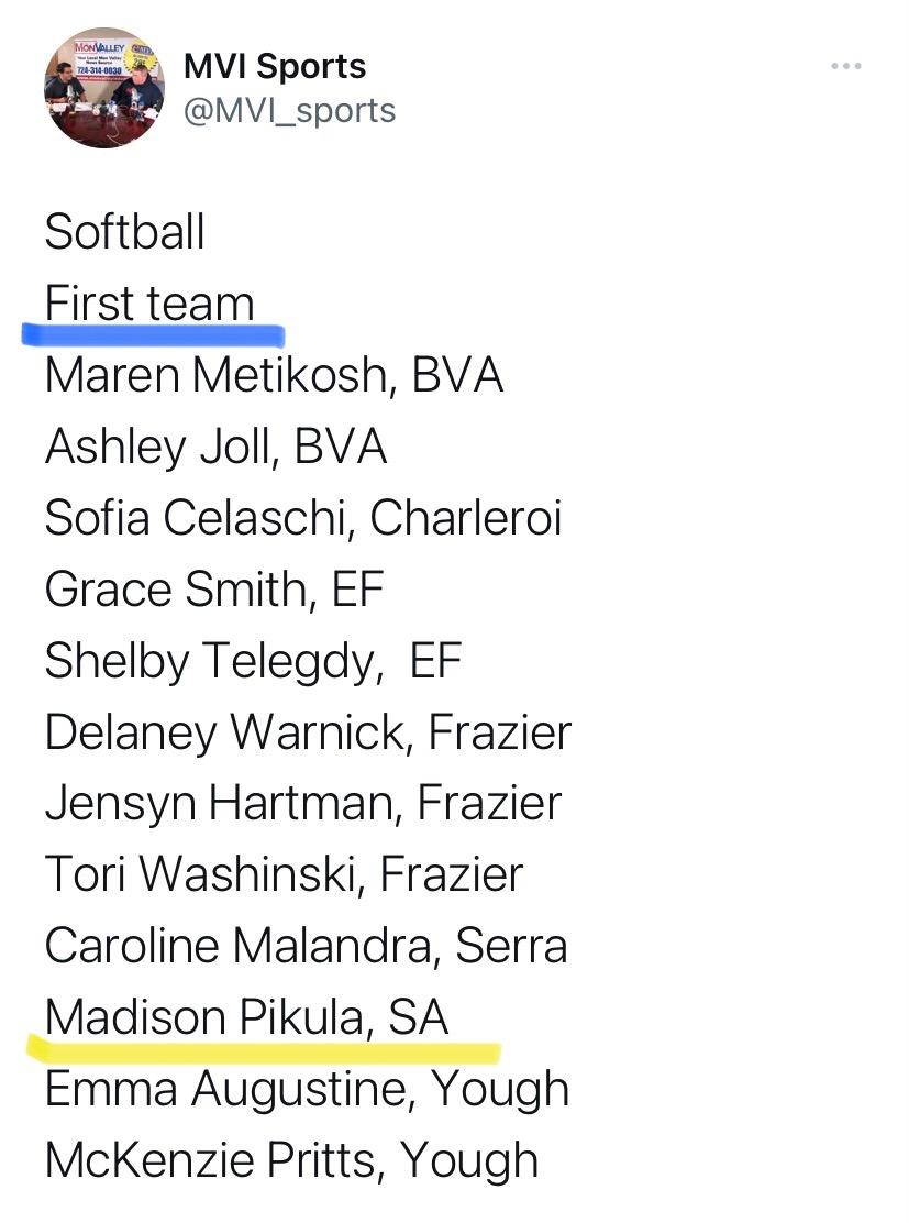 southallegheny's tweet photo. 📢 🥎 🌟
The Mon Valley Independent has announced their "Dirty Dozen" Softball Team!  Congratulations Madison (First team), Ava and Breena (Second team) and Payton (Honorable Mention). 
👏👏👏👏👏👏👏👏 https://t.co/N80j6ZAtfv