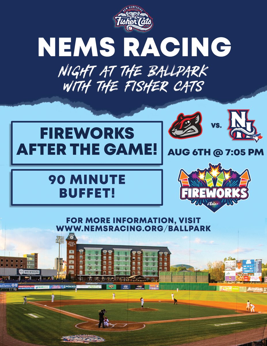 NEMSRacing's tweet photo. @NEMSRacing is heading to the ballpark! Join us on Sat., Aug. 6th in Manchester, NH and cheer on the @FisherCats as they take on the @GoSquirrels. Friends, Family, Food, &amp; Baseball = Fun Night! #nemsracing #fishercats #baseball #manchesternh

More Info: https://t.co/uabV4gqziI https://t.co/G6AknNeIkB