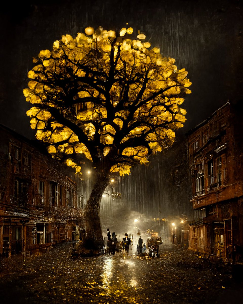 vfxartisan's tweet photo. >a vintage photo of a wide shot of the tree of life in a 19th century urban Victorian street, golden leaves, steampunk, raining, nighttime, volumetric light, photo realistic

#treeoflife #victorian #conceptart 
#midjourney #midjourneyart #midjourneyai #ai #aiart https://t.co/boklXgJL8d