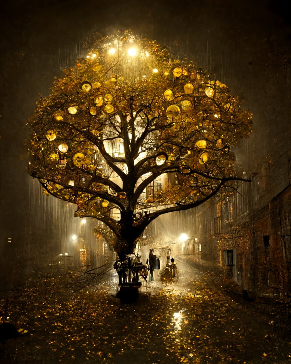 vfxartisan's tweet photo. >a vintage photo of a wide shot of the tree of life in a 19th century urban Victorian street, golden leaves, steampunk, raining, nighttime, volumetric light, photo realistic

#treeoflife #victorian #conceptart 
#midjourney #midjourneyart #midjourneyai #ai #aiart https://t.co/boklXgJL8d