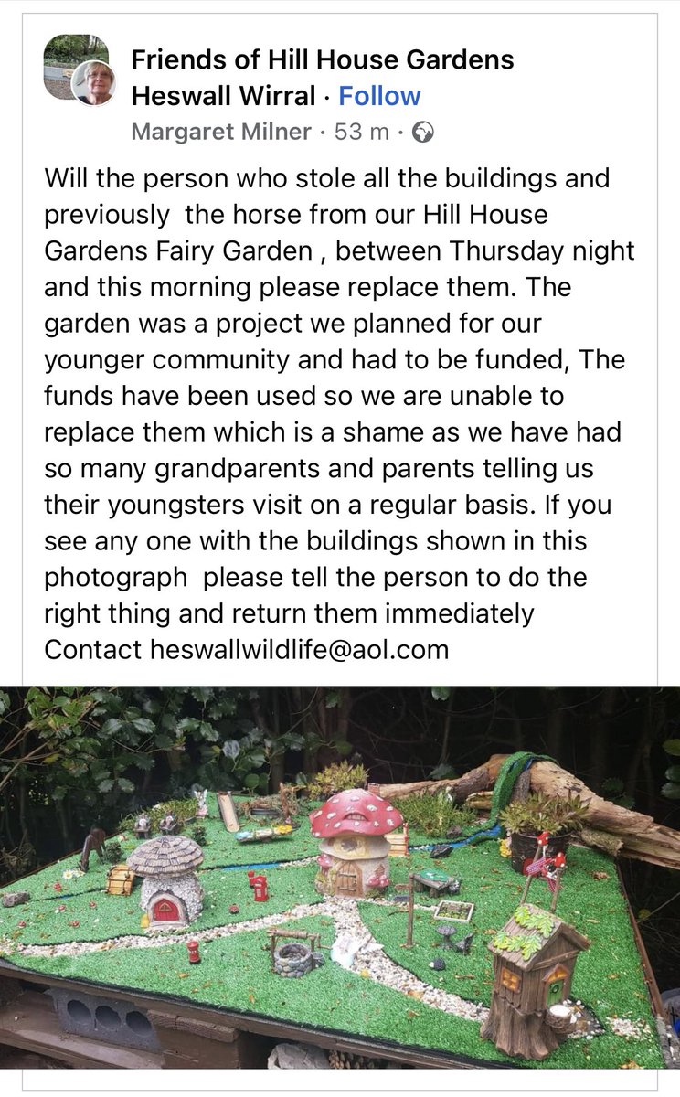 Scandalous. If you’ve seen the horse or the fairy buildings, get in touch with <a href="/Hillhousegarde1/">Hill house gardens</a> - please RT. #Heswall #Wirral <a href="/MyWirral/">My Wirral - Liverpool Echo</a> <a href="/LivEchonews/">Liverpool Echo</a> <a href="/HeswallHall/">Heswall Hall</a> <a href="/Visit_Wirral/">Visit Wirral</a>