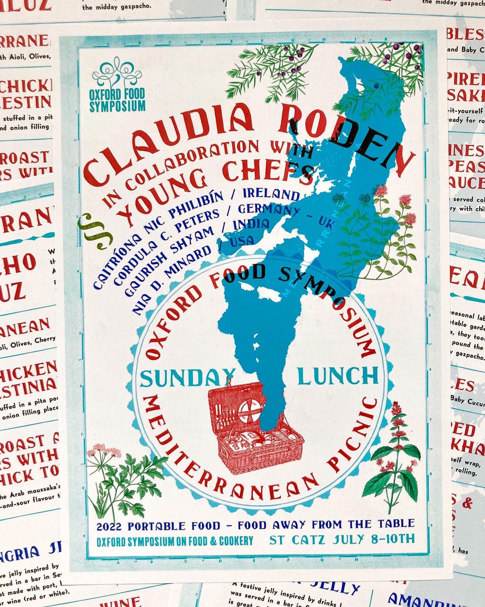 JakeTilson's tweet photo. Last menu for @OxfordFoodSymp 2022
The ever wonderful Claudia Roden in collaboration with Young Chefs: Mediterranean Picnic

Caitríona Nic Philibín / Ireland
Cordula C. Peters / Germany - UK
Gaurish Shyam / India
Nia D. Minard / USA 
@NicCaitriona
#OxfordFood22
#PortableFood https://t.co/LSf8fZeLzg