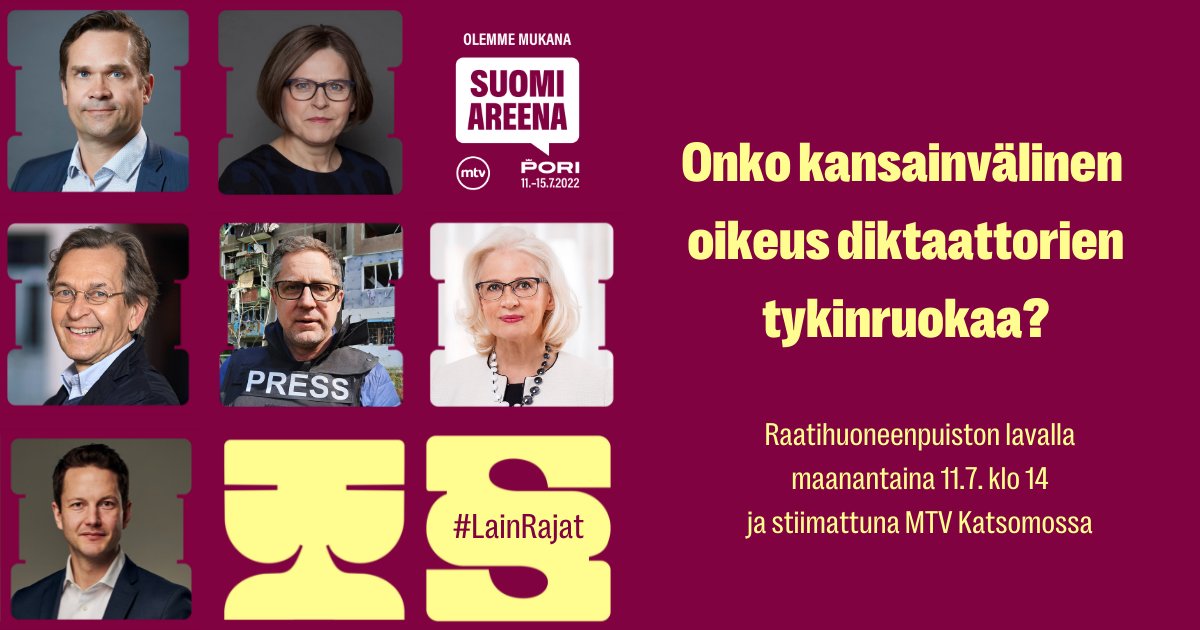 Lakimiesliiton #SuomiAreena-paneeli huomenna 11.7. klo 14 Raatihuoneenpuiston lavalla. #LainRajat: Onko kansainvälinen oikeus diktaattorien tykinruokaa? Tule paikalle tai seuraa @mtvkatsomo:n kautta. Huippupuhujat ja ajankohtainen aihe! @SuomiAreena mtv.fi/sarja/suomiare…