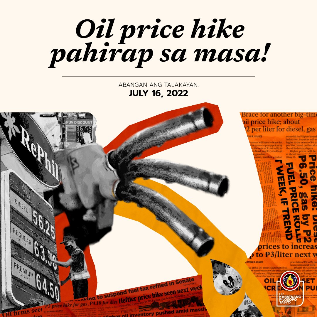 upkapitas's tweet photo. Oil price hike pahirap sa masa! 

Iba’t ibang aspeto ng pamumuhay ang naapektuhan ng biglaang pagtalon ng presyo ng langis. Wala itong piniling apektuhan: mayaman, mahirap, nagtatrabaho, nag-aaral, bata, o matanda. https://t.co/ZDysxUGG03