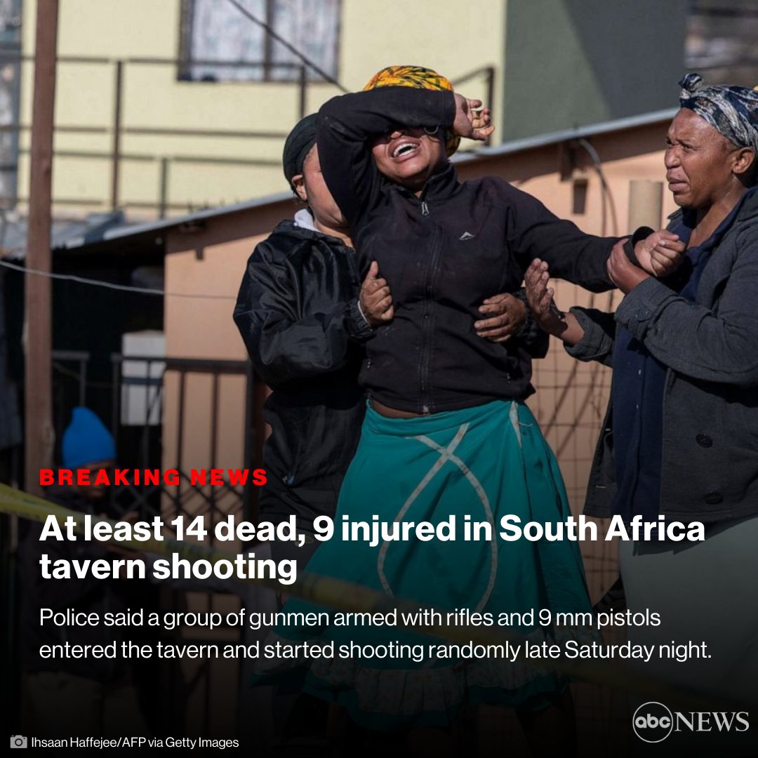 ABC's tweet photo. Police said a group of gunmen armed with rifles and 9 mm pistols entered the Soweto township bar and started shooting randomly at patrons late Saturday night.

READ MORE: https://t.co/4vzzijuBUS https://t.co/BpOekWjkoV