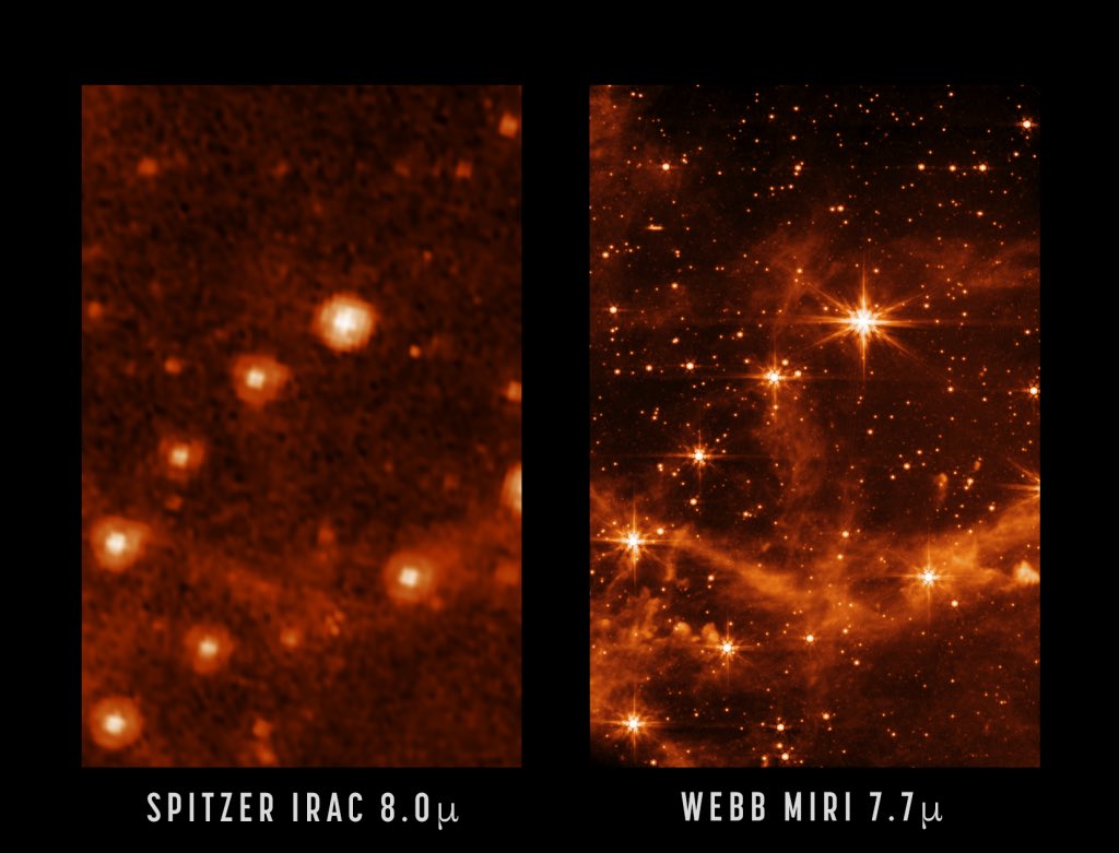 This incredible comparison of Spitzer and Webb just shows a tiny glimpse of what’s to come on Tuesday and beyond 🤩🔭 #UnfoldTheUniverse 

blogs.nasa.gov/webb/2022/05/0…