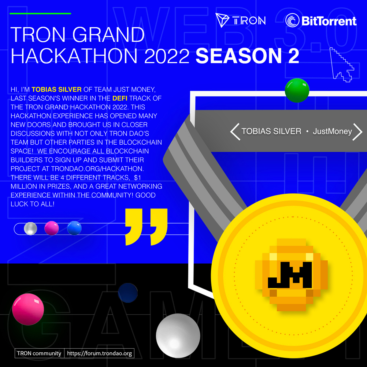 singapore_tron's tweet photo. 👋 Say hello to last season's first place winner of the #TRON #GrandHackathon in the #DeFi track - 
@JustMoneyIO
! 🎉 A very enthusiastic team of #BUIDLers - we hope everyone is just as excited for Season 2 and our #decentralized future as team #justmoney! https://t.co/5E29ofM8AB