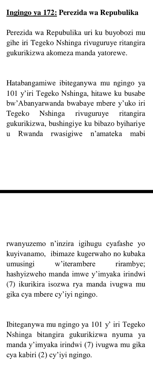 TalkLawRw's tweet photo. Hashingiwe ku ngingo y'101 abanyarwanda #BABIHISEMO #Perezida w'u #Rwanda uriho yayobora izindi manda 2 mu myaka 10 itarenga

Nyuma y'icyo gihe #BAHISO ko akomeza, byasaba ko babanza gutorera ko iyo ngingo ihindurwa muri "referandumu"

#KEYWORD:
"Amahitamo" y'Abanyarwanda

#RwOT https://t.co/iPIgsREltf