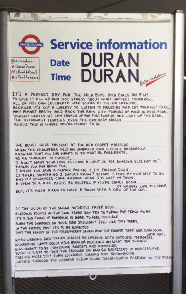 This beauty will be displayed inside Hyde Park Corner tube station for people coming through the station on Sunday to see Duran Duran at BST Hyde Park. What a seriously cool honour!! Thank you <a href="/allontheboard/">All On The Board</a> 🙌 #duranlive