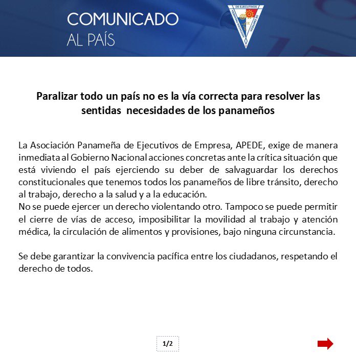 Apedeorg's tweet photo. Paralizar todo un país no es la vía correcta para resolver las sentidas necesidades de los panameños.
APEDE, exige al Gobierno Nacional acciones concretas ante la crítica situación que está viviendo el país. https://t.co/EKcVbru4s0