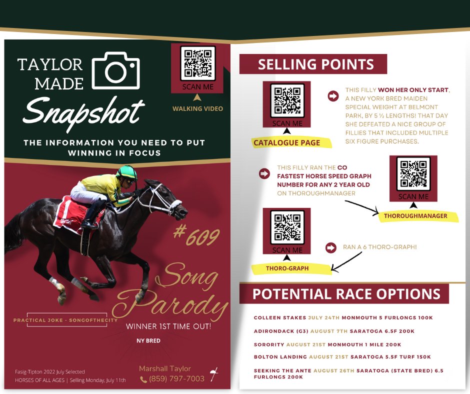 #609 𝑺𝒐𝒏𝒈 𝑷𝒂𝒓𝒐𝒅𝒚

📽️ow.ly/ol7p50JScy3

📄 ow.ly/Xacf50JScy4

Come see her this morning showing at Barn 12!! <a href="/FasigTiptonCo/">Fasig-Tipton</a> #STUNNING😍
<a href="/TaylorMadeMark/">Mark Taylor</a> 📞<a href="/Taylormarshall4/">Marshall Taylor</a>