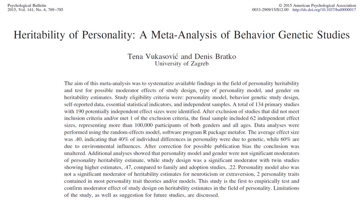 When you blame your personality on your parents, it's more from their genes than their actions.

62 studies, 100k+ people: extraversion, reactivity, agreeableness, conscientiousness &amp; openness are ~40% heritable.

You don't choose your traits. You do choose how you express them.