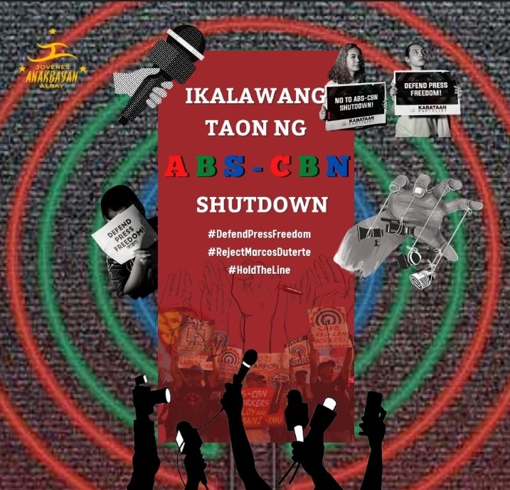 SA IKALAWANG ANIBERSARYO NG ABS-CBN SHUTDOWN
Opisyal na Pahayag ng Jovenes Anakbayan Albay

Basahin nang buo: facebook.com/14689191592538…

#DefendPressFreedom
#HoldTheLine
#IbalikAngABSCBN 
#DutertePanagutin