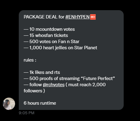 aub_pjsong's tweet image. 📌PACKAGE DEAL for #ENHYPEN

— 10 mcountdown votes
— 15 whosfan tickets 
— 500 votes on Fan n Star
— 1,000 heart jellies on Star Planet 
🎯
— 1k likes and rts 
— 500 proofs of streaming “Future Perfect”
— @rchvotes must reach 2,000 followers
⏰6 hours runtime