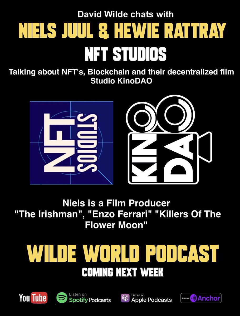 DAVID WILDE (@davidwilde66) on Twitter photo My next podcast is with <a href="/NielsJuul7/">nielsjuul.eth</a> & @punk8869 from <a href="/NFTStudios_dev/">NFT Studios</a> <a href="/Kino_DAO/">KinoDAO x Powered by NFT Studios</a> Talking about #NFTs #Blockchain & their decentralized movie studio <a href="/Kino_DAO/">KinoDAO x Powered by NFT Studios</a> Coming next week! My next podcast is with <a href="/NielsJuul7/">nielsjuul.eth</a> & @punk8869 from <a href="/NFTStudios_dev/">NFT Studios</a> <a href="/Kino_DAO/">KinoDAO x Powered by NFT Studios</a> Talking about #NFTs #Blockchain & their decentralized movie studio <a href="/Kino_DAO/">KinoDAO x Powered by NFT Studios</a> Coming next week!