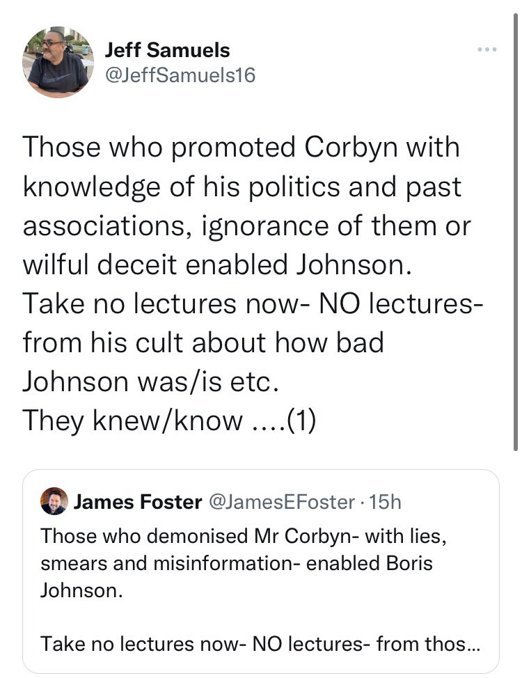 @JeffSamuels16 @JamesEFoster Quick reminder of how it began numbskull. You can smear Jeremy Corbyn as much as you like but huge swathes of population know it’s all lies. Presumably why you persist.