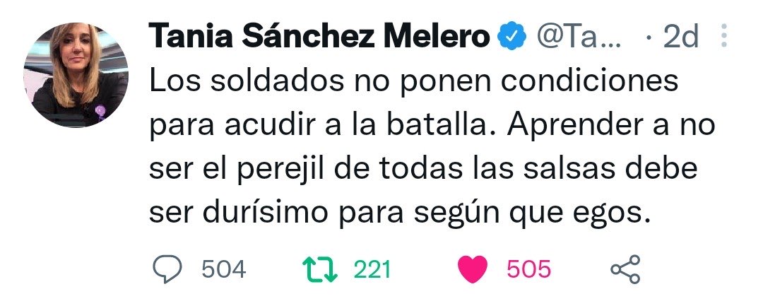 Que Tania haya sido acosada por este tuit, define claramente el nivel de machismo de la Berdadera Hizquierda. No hay mas machismo que el que intenta tutelar a todas las mujeres. Lo ha hecho con ella, con Belarra, con Yolanda. No hay más machismo que la mujer que se deja tutelar.