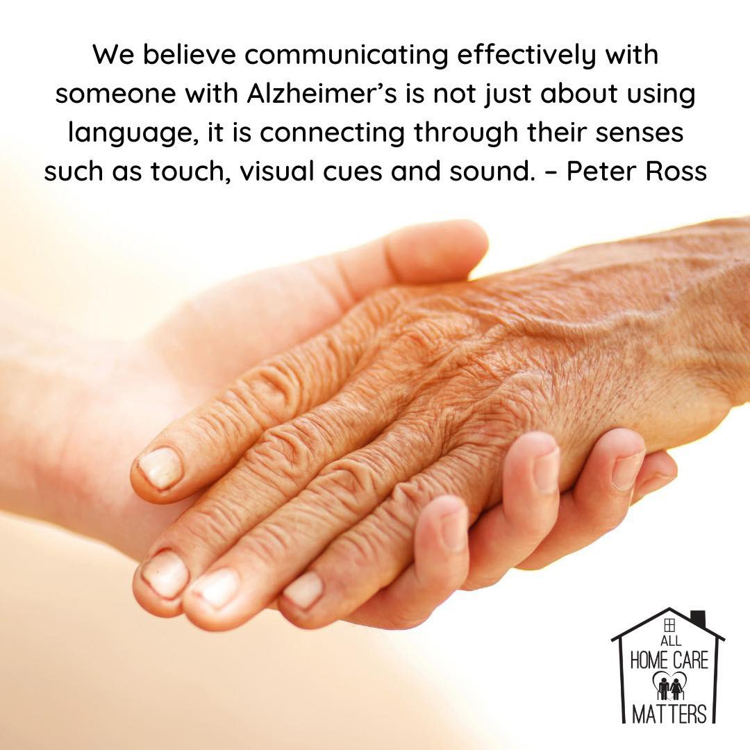 allhcms's tweet photo. We believe communicating effectively with someone with Alzheimer’s is not just about using language, it is connecting through their senses such as touch, visual cues, and sound - Peter Ross

#endalz #stopalz #care #caregivers #tips #dementia #alzheimers https://t.co/5hPJl5mOS3