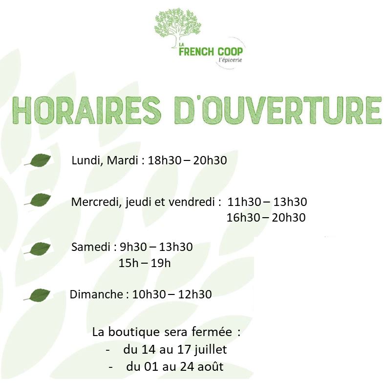 C'est l'été😎! Voici les horaires allégés de la boutique! D'iici la pause estivale, venez faire le plein de fruits rouges, légumes du soleil et boissons rafraîchissantes à la <a href="/FrenchCoop/">LesAmisdelaFrenchCoop</a> à #asnieres !