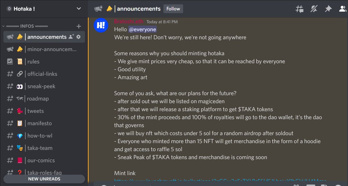 HotakaSol's tweet photo. Some of you ask, what are our plans for the future?
- after that we will release a staking platform to get $TAKA tokens
- 30% of the mint proceeds and 100% of royalties will go to the dao wallet, it's the dao that governs
Mint link https://t.co/6meHRaoTXo
#NFT  #solana #SolanaNFT https://t.co/JAjAxnEkKz