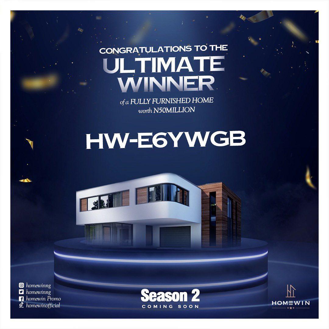 Homewinng's tweet photo. 🥁 Drum roll! 
Special Announcement! The moment we all have been waiting for is here😃

History has been made today as we announce the ULTIMATE WINNER of a fully furnished home worth N50mi👏

Big congratulations to the winning ticket HW-E6YWGB🙌 Welcome to the House owners Club😁 https://t.co/BeNji85gv7