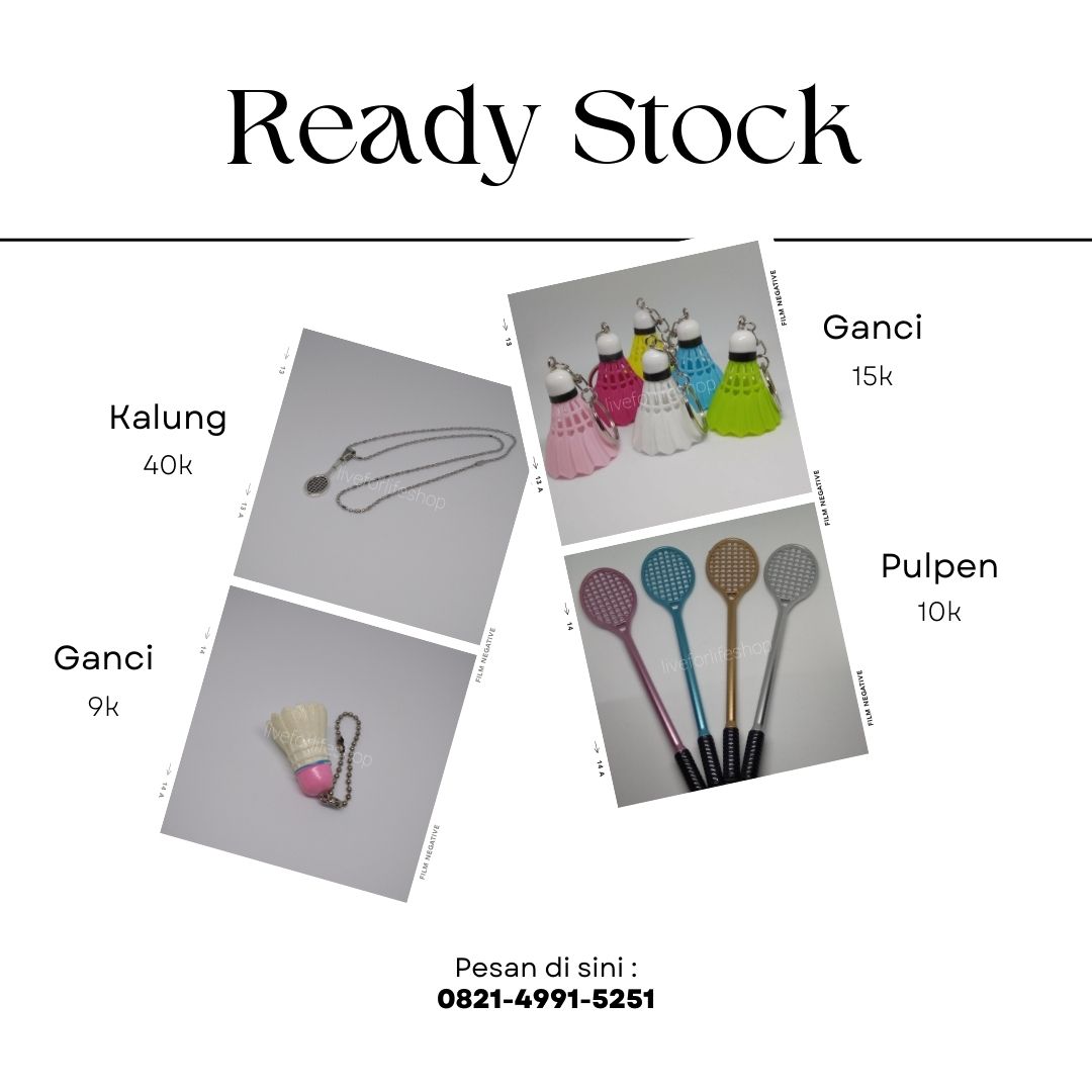 READY STOCK! Pernak-pernik bulutangkis <a href="/liveforlifeshop/">Badminton Merchandise</a> 

Cocok banget buat jadi koleksi Blovers. Ada kalung (40k), gantungan kunci (9-15k), dan pulpen (10k). 

Langsung order via Shopee liveforlifeshop, bisa COD dan ada gratis ongkir extra. Pengiriman dari Banjarmasin, Kal-Sel.