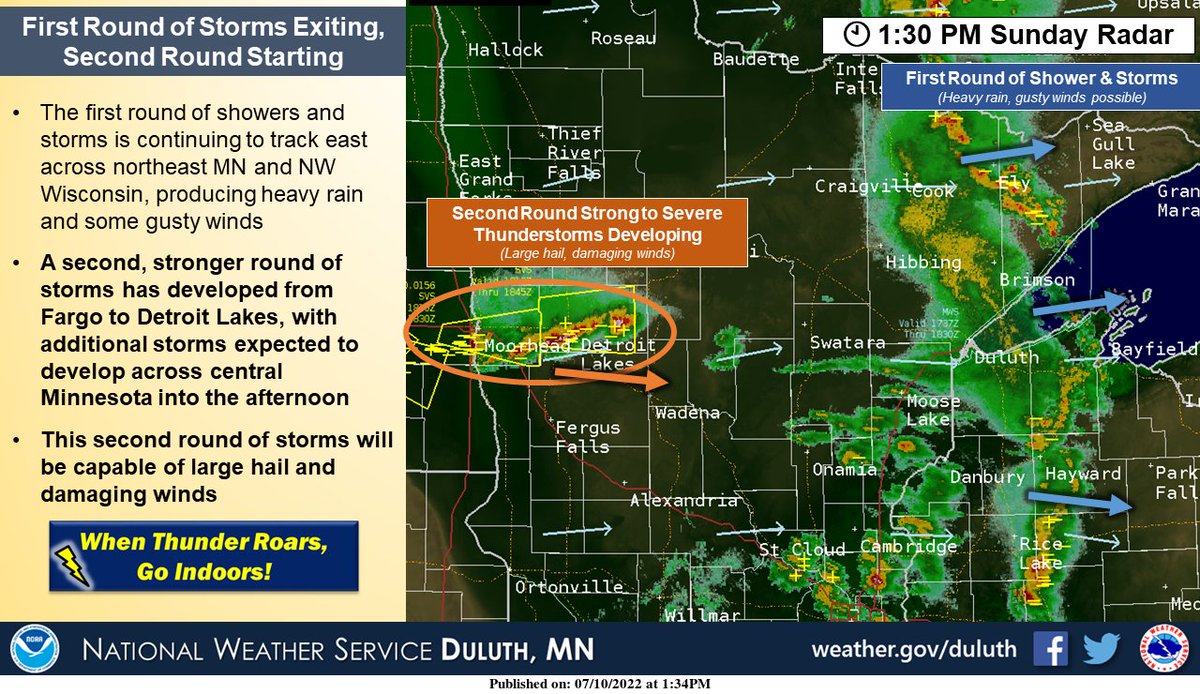 1:30pm Update: First round of shower/storms exiting, second round of severe storms now developing. New storms may develop in Cass, Crow Wing, and Aitkin County in the next few hours - stay weather aware today! #MNwx #WIwx