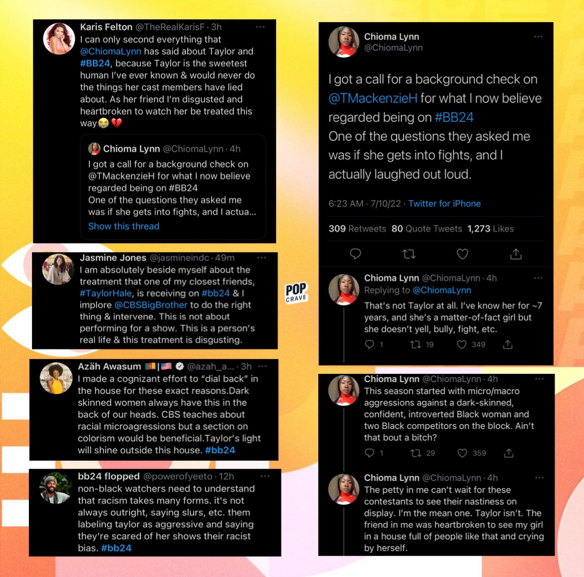 PopCrave's tweet photo. Friends, fans, and past players voice their support for current ‘Big Brother’ houseguest Taylor Hale as she faces an onslaught of microaggressions in the game.

Hale’s treatment follows an ongoing trend for the series that sees Black players targeted for arbitrary reasons.

#BB24 https://t.co/d4AgrjYpcO
