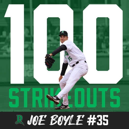 DragonsBaseball's tweet photo. 100 Ks (and counting) for Boyle on the season! https://t.co/QkgL0AddFV