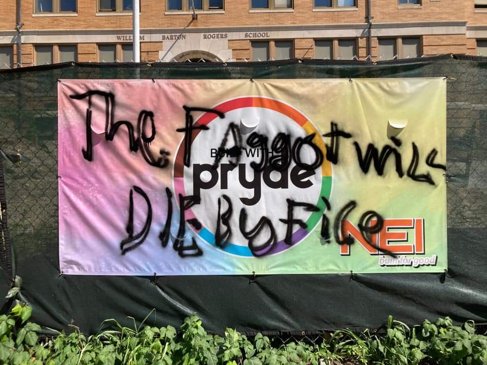 PhilippeCSaad's tweet photo. #thepryde was vandalized this morning. Join us at 4pm today to stand up against hate in our city @OnlyInBOS @YourHydePark @Boston_ONS @DotNews @BostonGlobe https://t.co/JXD7OxCVCp