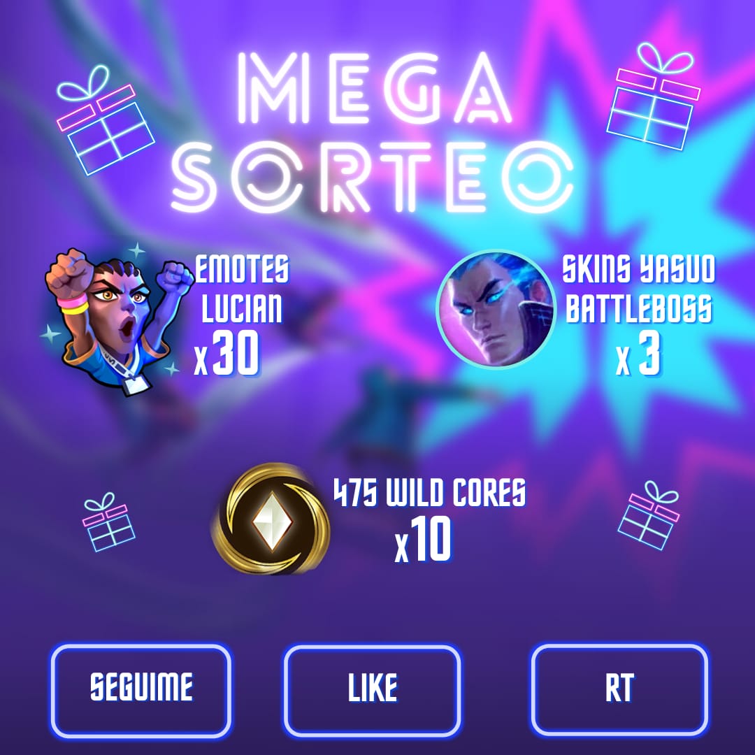 ⭐️MEGA SORTEO⭐️

🎉 3 Yasuo Battleboss
🎉 10 ganadores de 5 USD en Wild Cores
🎉 30 emotes exclusivos de Coca-Cola.

Requisitos:
✅ Like y RT
✅ Follow
Podes ganar más de un premio!!
#WildRiftIcons #WRPartner