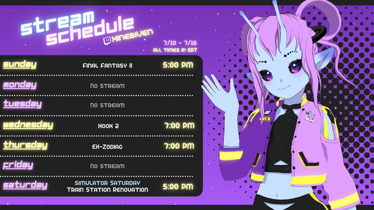 XinebiVen's tweet photo. Greetings Earthlings! It's schedule day! We're starting with #FFII, then puzzling our way through #Hook2 and shooting our way through #exzodiac. Finally, we'll be fixing up things in #trainstationrenovation! Hope to see you around 💙👽💜
#ENVTubers #VTuber https://t.co/H4dWShGsqA
